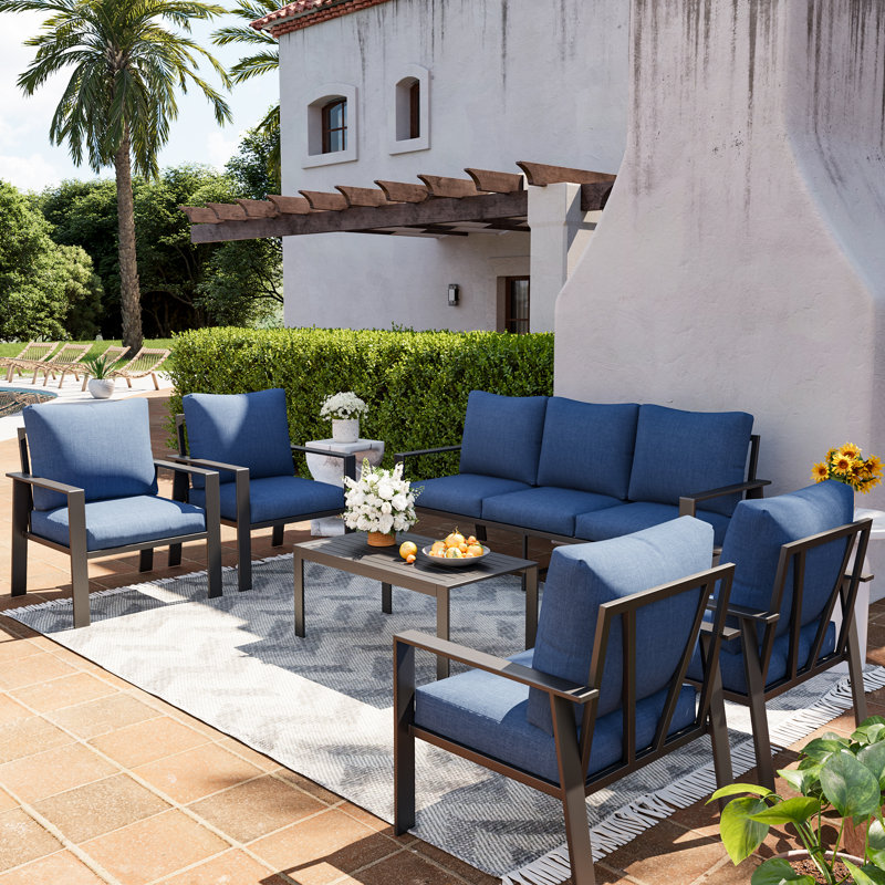 Clean-Line Aluminum Outdoor Conversation Set 7-Person Patio sofa Set with Coffee Table, Navy, No