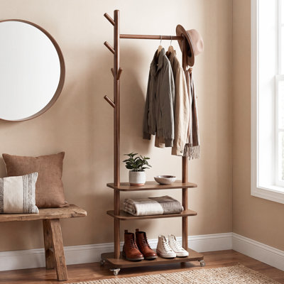 Freestanding Coat Rack with Shoe Storage and Wheels