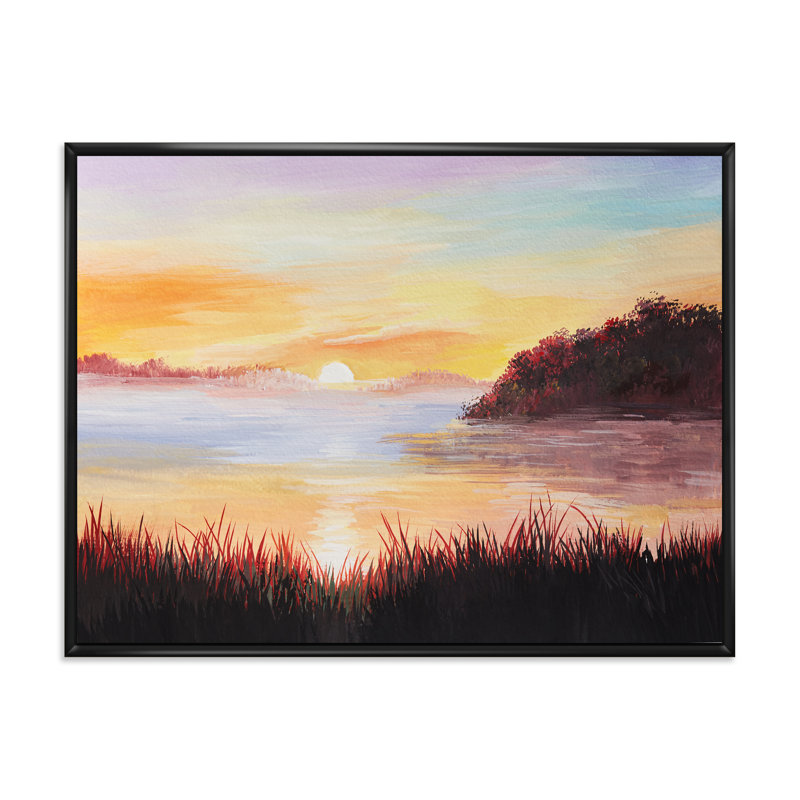Sur le lac avec les roseaux - Peinture sur toile, H 30 po x l 40 po x 1,5 po, Cadre flottant noir