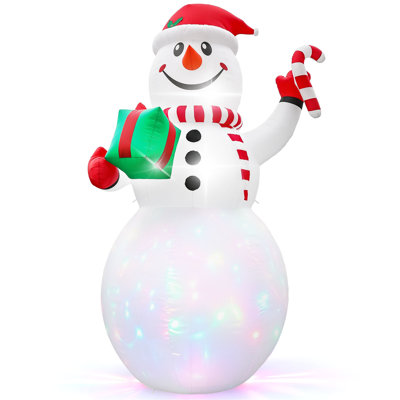20FT Tall Snowman with Gift Box and Candy Cane Christmas Inflatable 3 LED Lights 1 Rotating Light 210D Polyester 110V 0.7A Outdoor Yard Decor