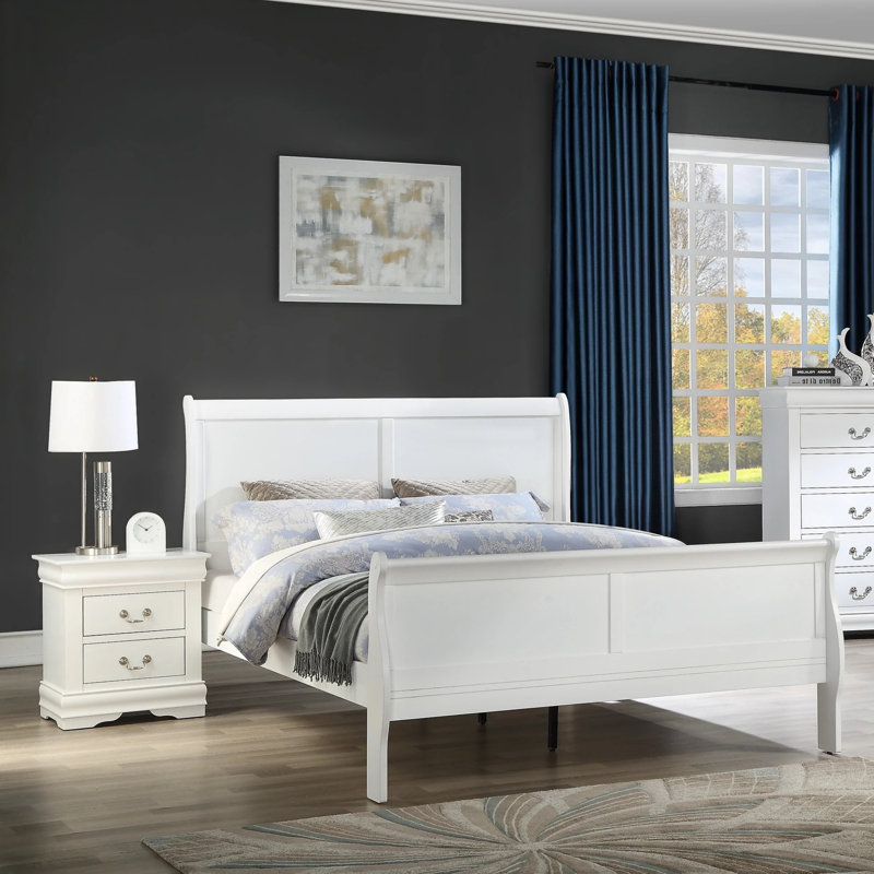 Queen Size Bed White Louis Phillipe Solid Wood 1Pc Bed Bedroom Sleigh Bed Bedroom Furniture, Solid Wood, White, Queen
