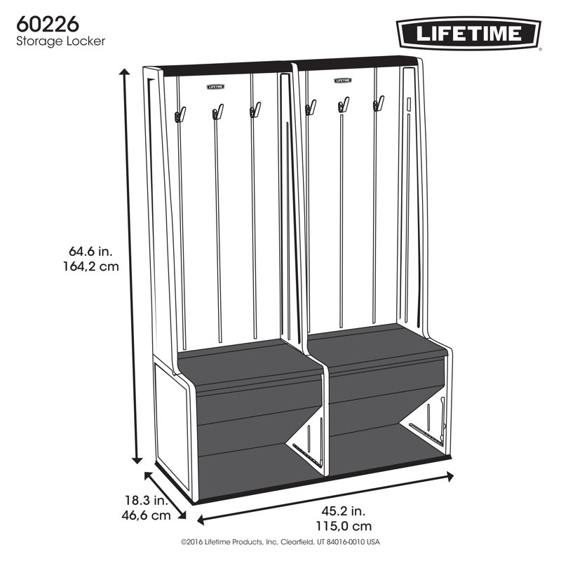 Gray Plastic Double Storage Locker with Bench and Hooks