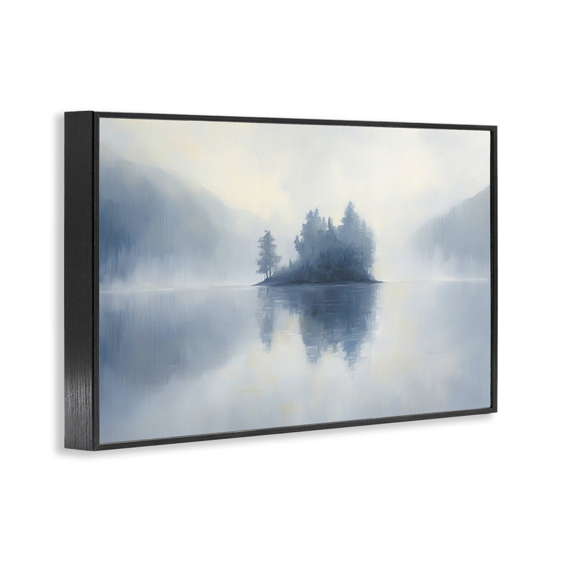 «Blue Misty Island Landscape», estampe numérique, design par Gina Kelly, H 12 po x l 18 po, Giclée encadrée noir minuit
