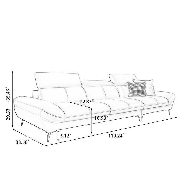 Black Genuine Leather Modular Sofa cushion couch, 29.53" H x 110.24" W x 38.58" D, Black