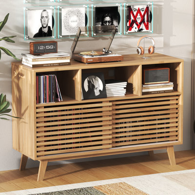 47.2'' W Record Player Stand With Sliding Doors, Vinyl Record Storage Display Cabinet, Mid-Century Turntable Stand