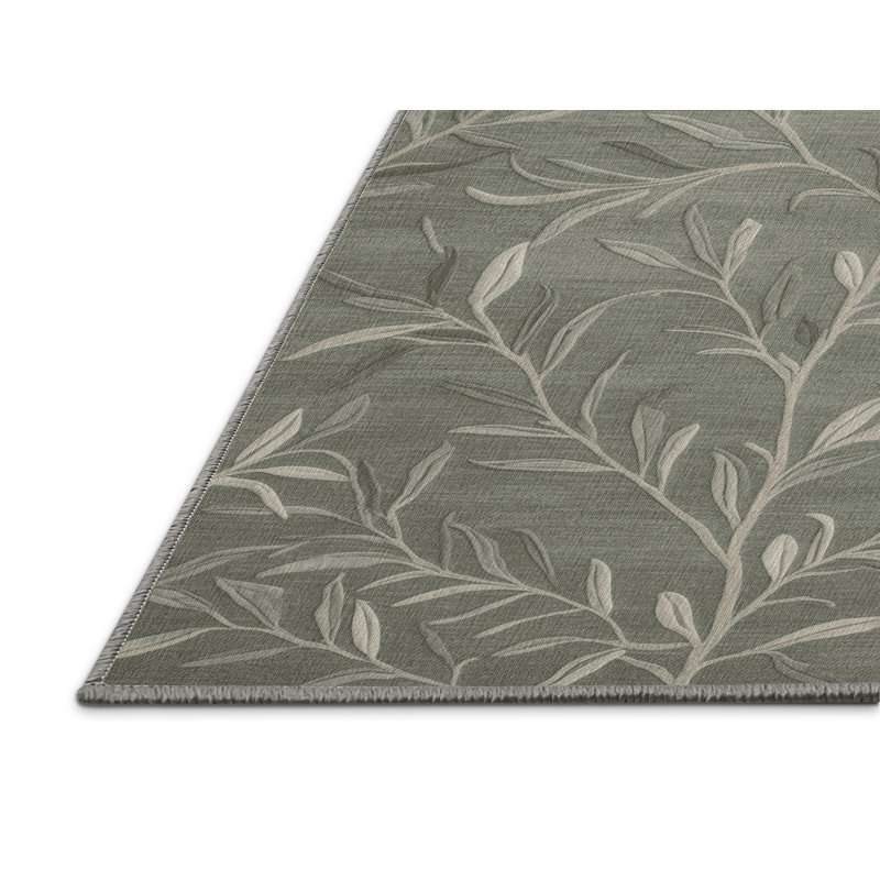 Tapis gris botanique lavable à la machine, Rond 6 pi