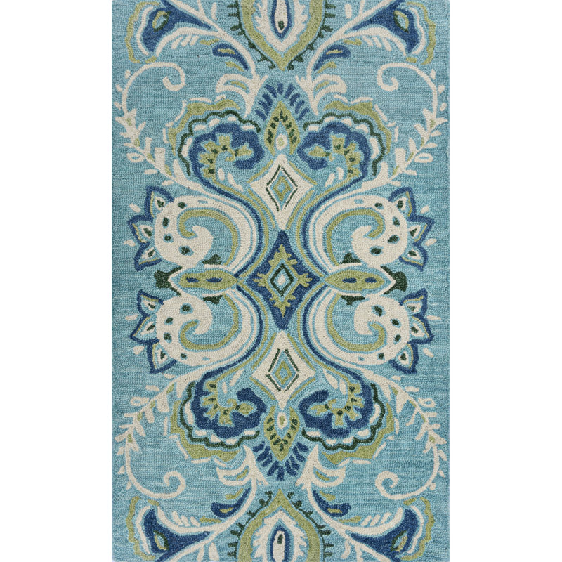 Adelaide Hand Hooked Aqua/Green/Ivory Wool Rug, Rectangle 3' x 5'
