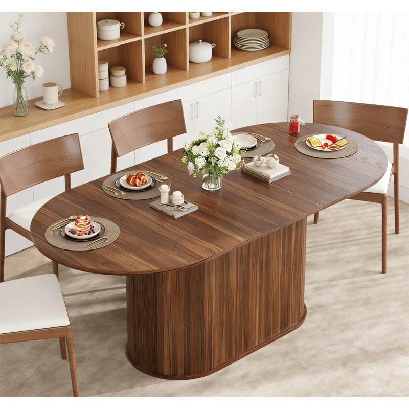 Extendable Dining Table with Modern Striped Legs for Living Room and Kitchen, Walnut