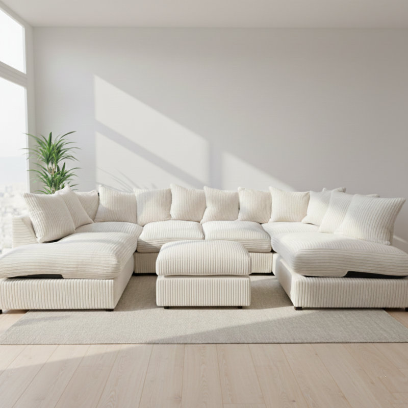 7 Seater Corduroy Corner Sofa, Cream
