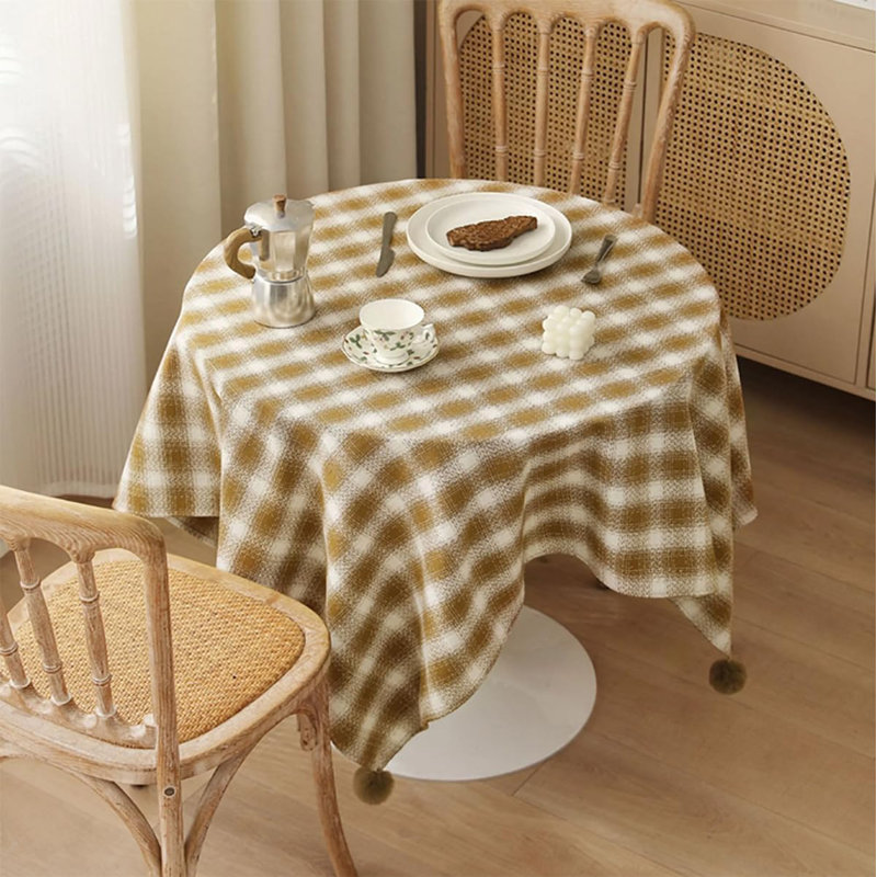 Brown Plaid Woven 100% Cotton Tablecloth With Pom Pom 56" W X 96" L, Brown, 56" L x 56" W
