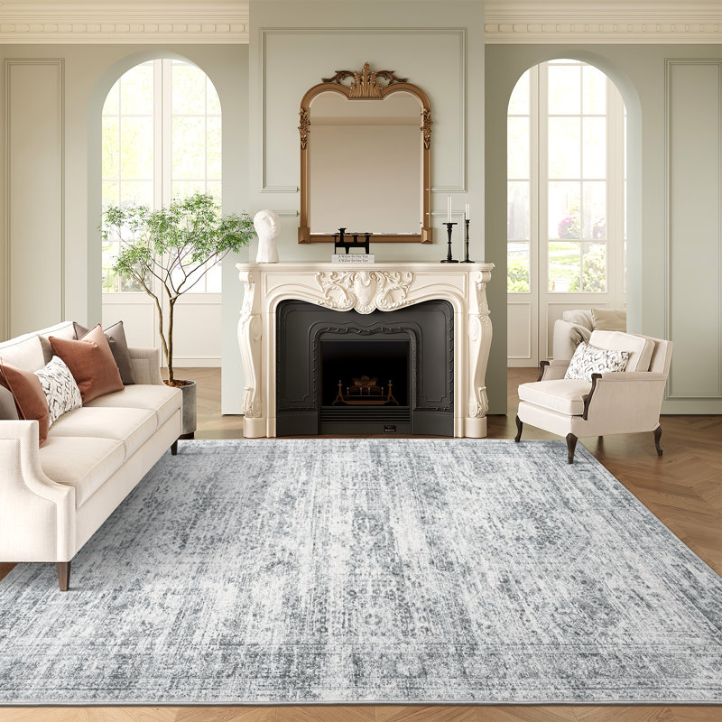 Vintage Distressed Non Slip Washable Rug(Grey), Rectangle 9' x 12'