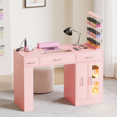 Professional Manicure Table with Display Cabinet, Wireless Charging, and LED Light Strips, Ergonomic Nail Desk with Dust Collector and Wirst Cushion