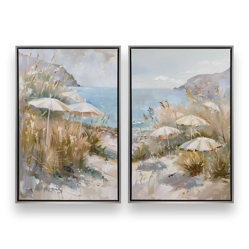 Ensemble de 2 impressions de parasol Seaside, 48 po x 32 po, Cadre flottant en chrome poli