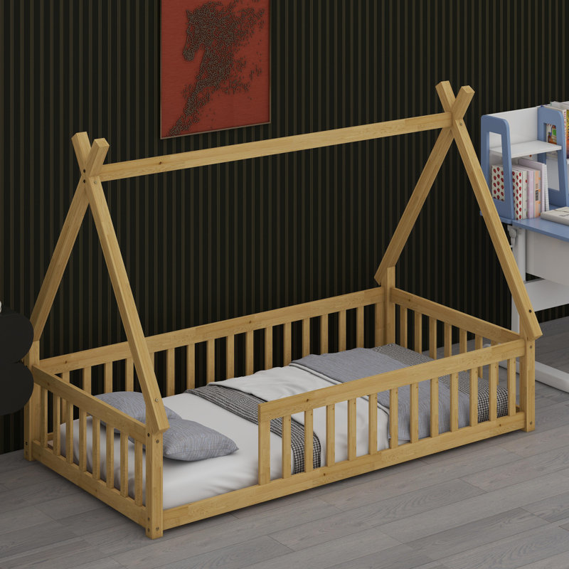 Playful  Floor Bed With Guardrails And Sturdy Slatted Base, Natural