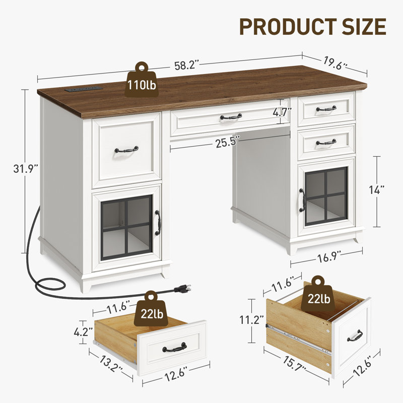 58" Executive Desk with Drawers and File Cabinet, Farmhouse Computer Desk with Power Outlet and LED Light, Walnut/White