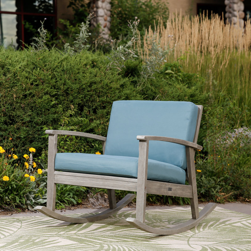 Chaise berçante en bois massif avec coussins Buecker, Bois flottant gris, Sauge