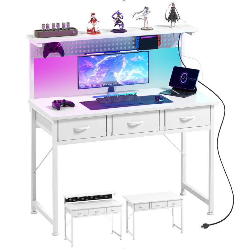 Metal Base Computer Desk with Power Outlet, White