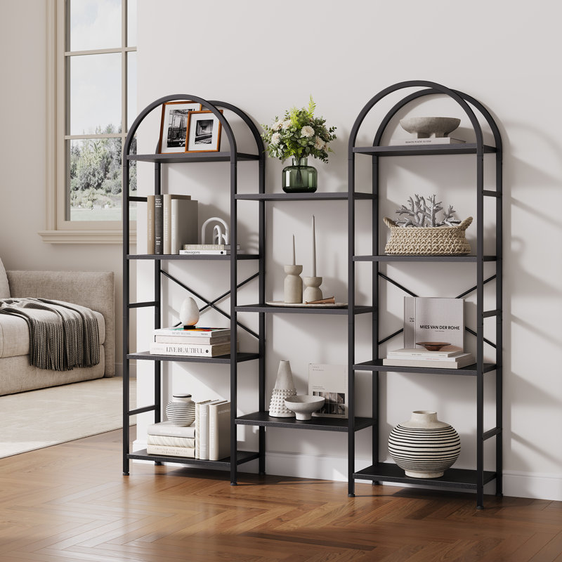 4 Tier Arched Triple Column Bookshelf, Industrial Metal Frame Open Display Storage Shelf for Living Room Home Office, Black