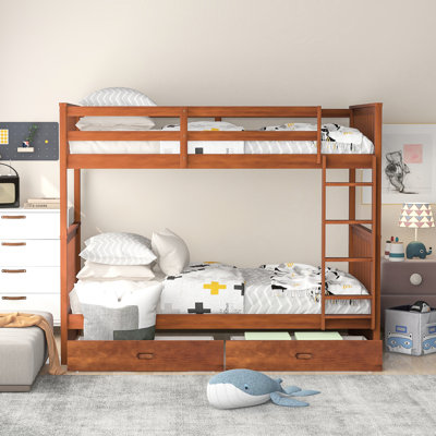 Lit superposé Twintwin avec deux tiroirs de rangement en noyer - Échelles additionnelles fonctionnelles et pratiques