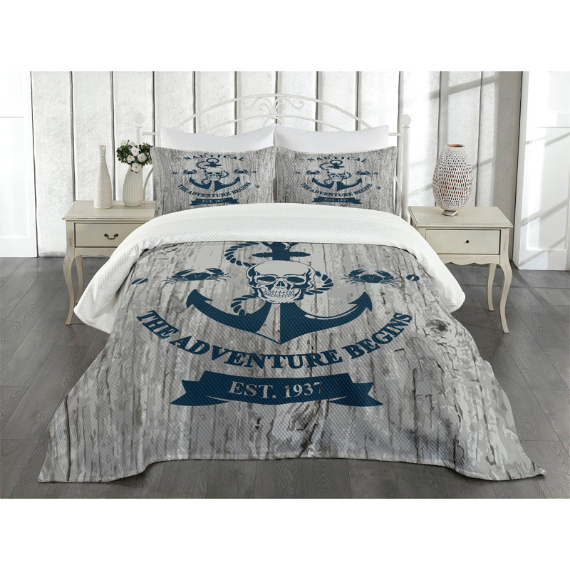 Ambesonne Nautical Bedspread Anchor Skull Sea, King Bedspread + 2 Standard Shams