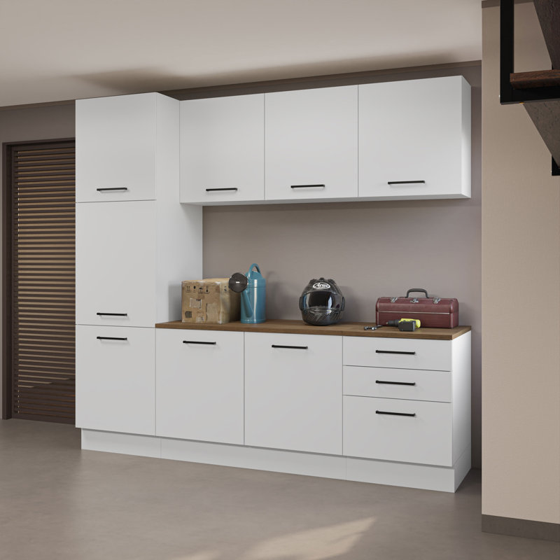  Garage Storage Cabinet Set 94 Inches L with 8 Doors Multiple Compartments and 3 Drawers Modular Organization Pantry Base Cabinet Cupboard - White