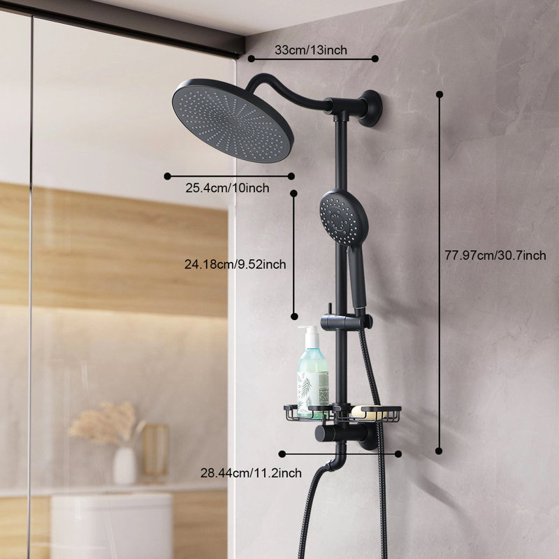 Wall Mount Shower System, 10" Rainfall Shower Head With Slider Bar Handheld Spray And Soap Dish, Matte Black