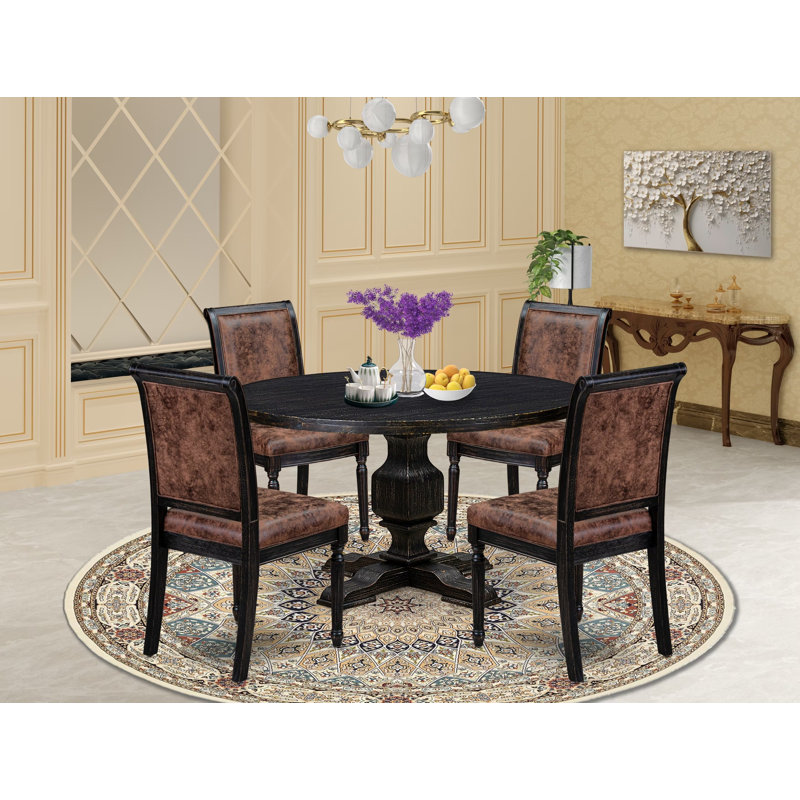 Cet ensemble de table de salle à manger 5 pièces se compose d'une table ronde et de 4 chaises en polyester texturé brun avec dossier haut, finition sablée.