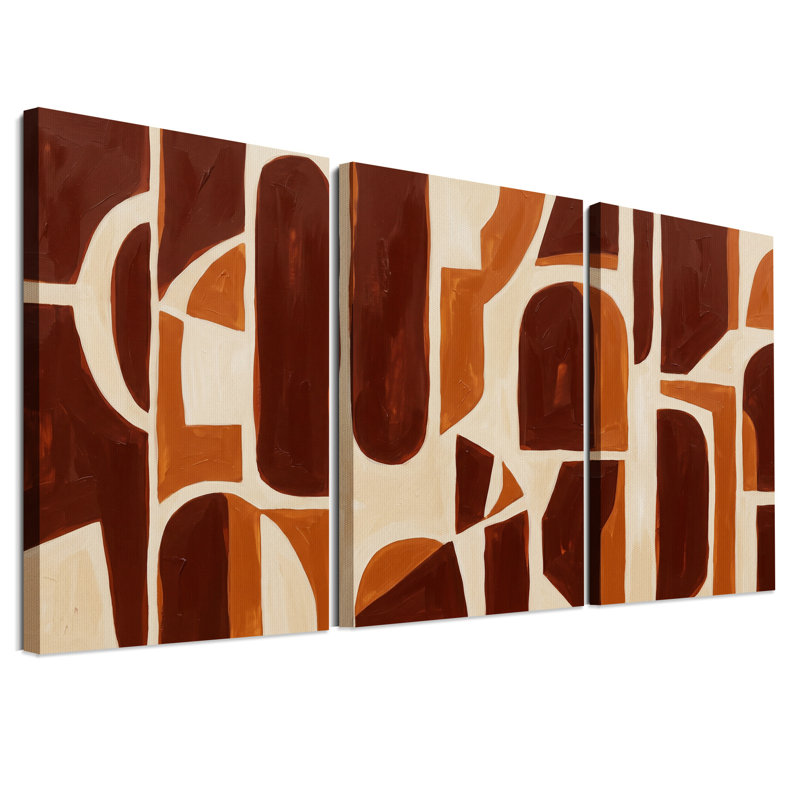 Ensemble de 3 toiles murales abstraites aux formes géométriques brunes et crème, H 30 po x l 20 po x 3 pièces