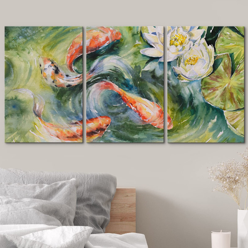 Aquarelle, koi japonais, poisson et nénuphar, animaux, faune, illustrations, réalisme, rustique, Toile tendue