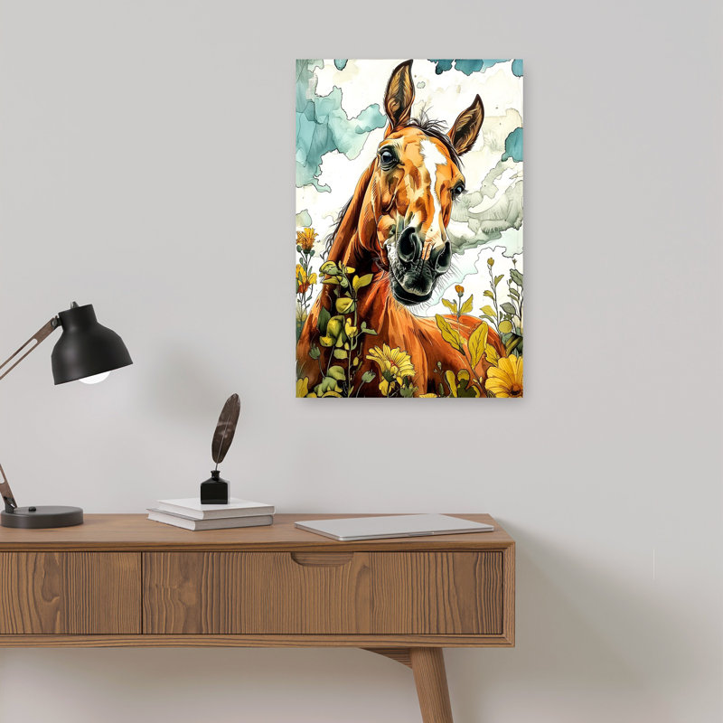 «Gentle Horse In Flowers Peaceful Serene Vibrant Horse Flower Nature», art mural, H 18 po x l 12 po