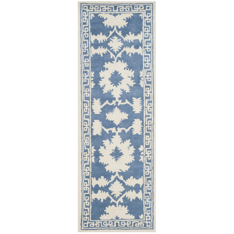 Tapis bleu / ivoire en laine touffeté à la main Rudra, Tapis de couloir 2 pi 3 po x 7 pi