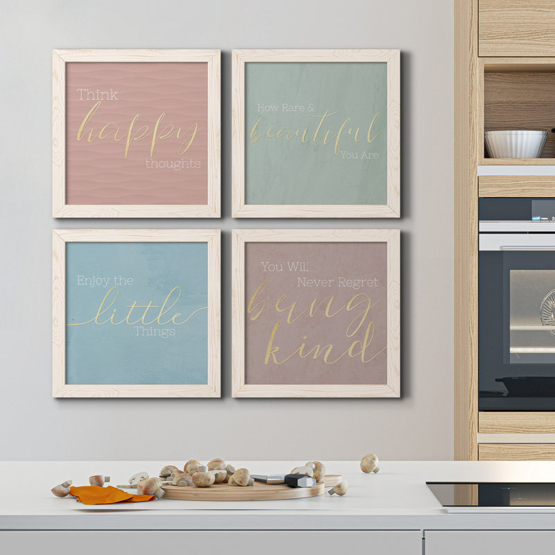 Pensées heureuses - ensemble de 4 peintures sur toile encadrées, H 17 po x l 34 po x P 1,5 po, Toile avec encadrement blanc