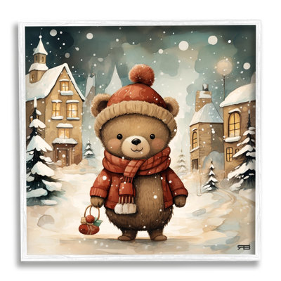 Ba-963 - Ours dans un village d'hiver enneigé, encadré sur bois par RB Print