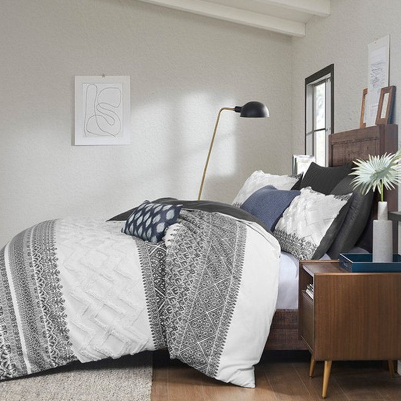 Housse de couette pour très grand / très grand lit, coton avec capitonnage en chenille, conception, style, fermeture à boutons, 4 coins à nouer intérieurs, coton touffeté 3 pièces lavable à la machine, blanc, attrayant, fin, intérieur lavable et 2 taies décoratives