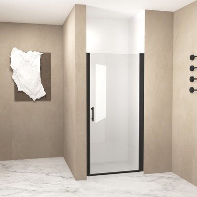 Matte Black Aluminum Frame 32X72 Inches Pivot Shower Door, 1/4" 6Mm  Tempered Glass, Stainless Steel Handle, - Shock Packaging 6Mm Glass Inches, Lightweight Frame, Space Saving, Raised Water Blocking