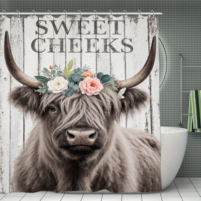 Highland Cow Floral Crown Shower Curtains, 71 × 71