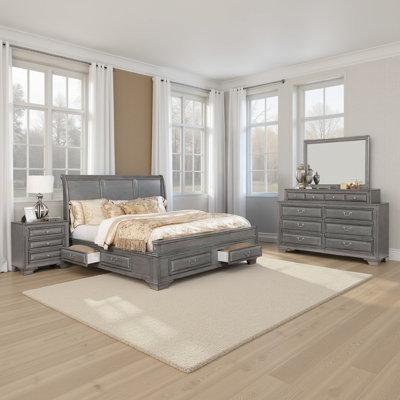 Ensemble de chambre avec grand lit 4 pièces Lio, incrustation de bois gris, poignées en métal nickel