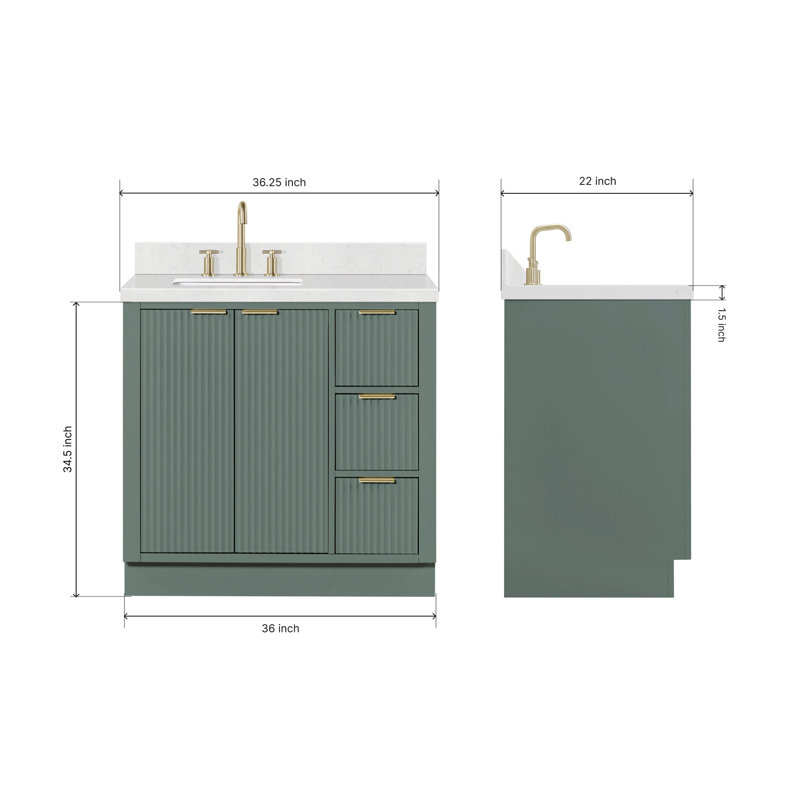 Meuble-lavabo simple en bois massif de 36 po avec plateau en quartz Carrara de 1,5 po Haun, Gauche, Rectangulaire, Vert rétro