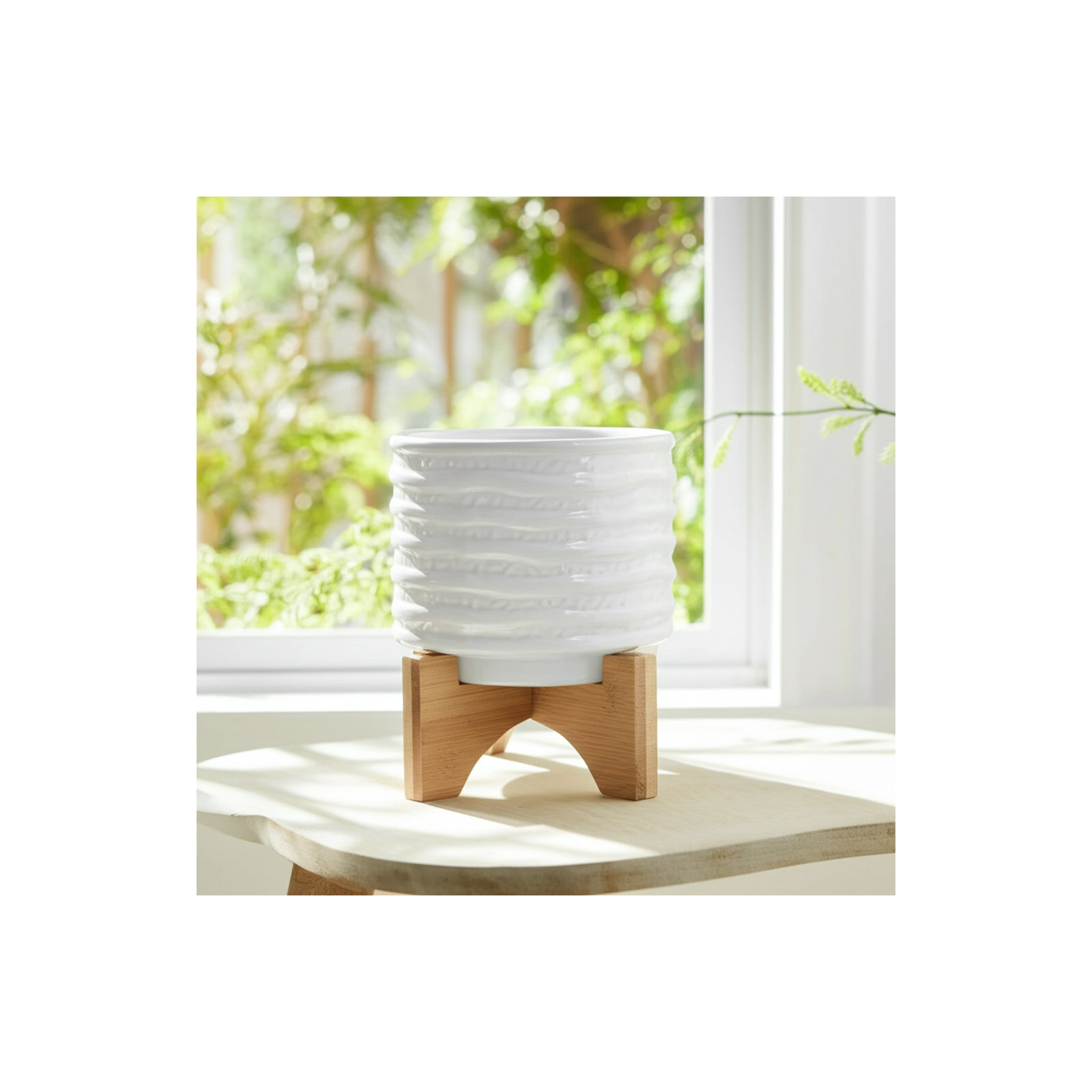 Modern Textured Ceramic Planter with Stand Indoor Outdoor, 7" H x 6" W x 6" D, White
