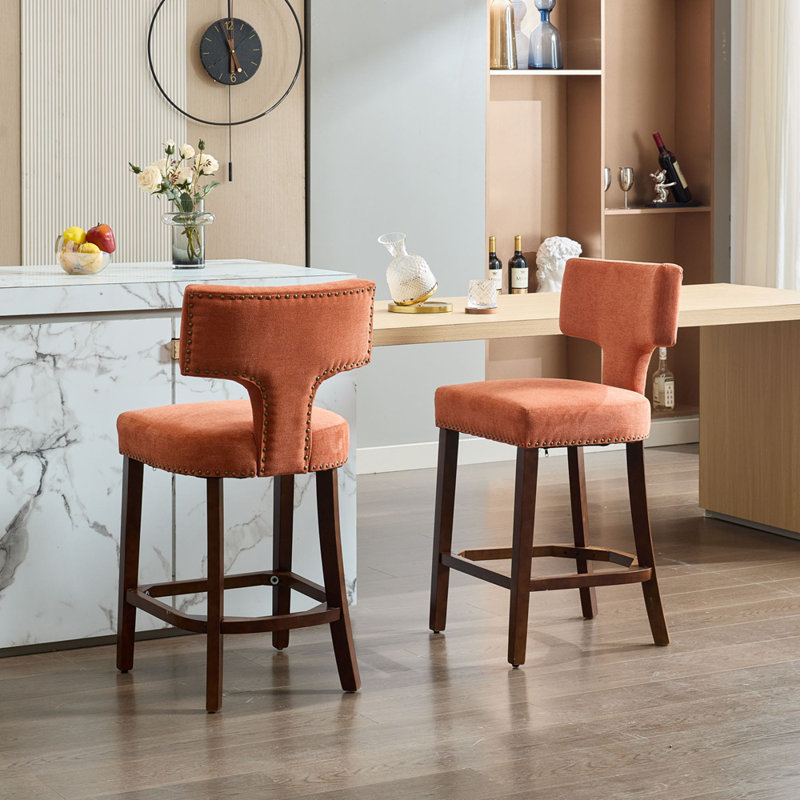 Tabourets de bar Mid-Century modernes à hauteur de comptoir avec clous en cuivre, Orange