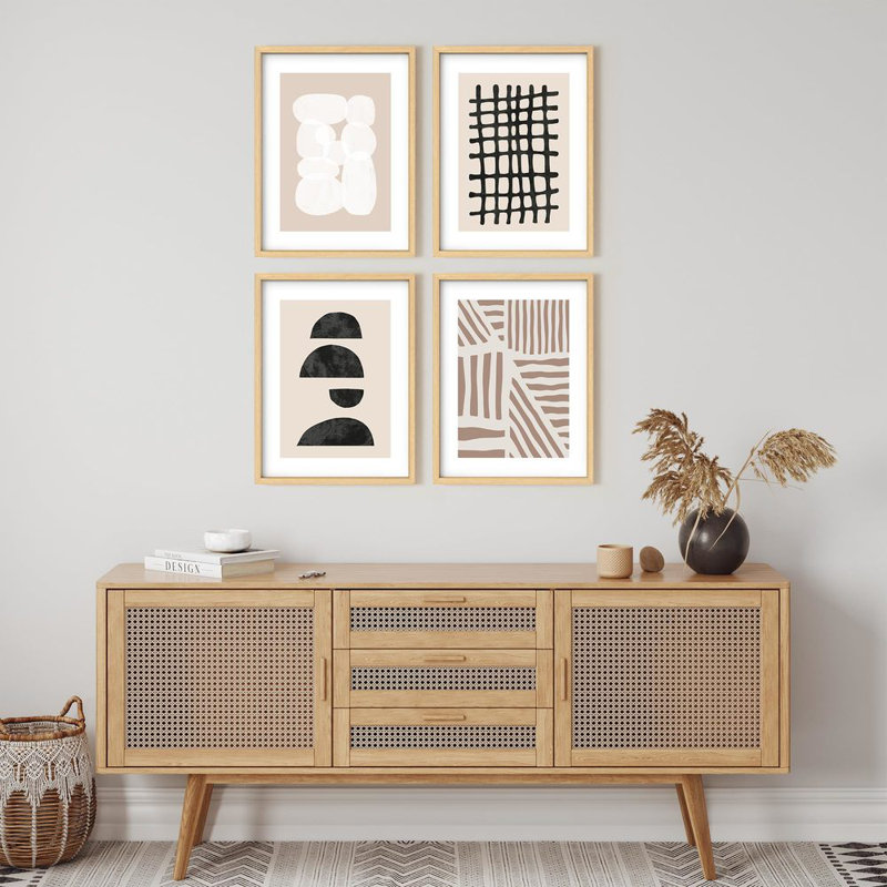 Ensemble de galerie d'art mural encadré, motifs géométriques abstraits neutres en beige et noir, illustrations multicolores décoratives modernes pour le salon, le bureau, la chambre à coucher