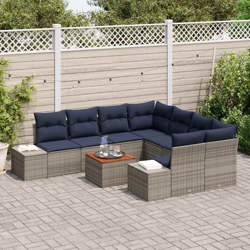  Ensemble de canapé de jardin avec coussin 9 pièces en rotin de polyester gris, Coussin bleu marine / structure grise