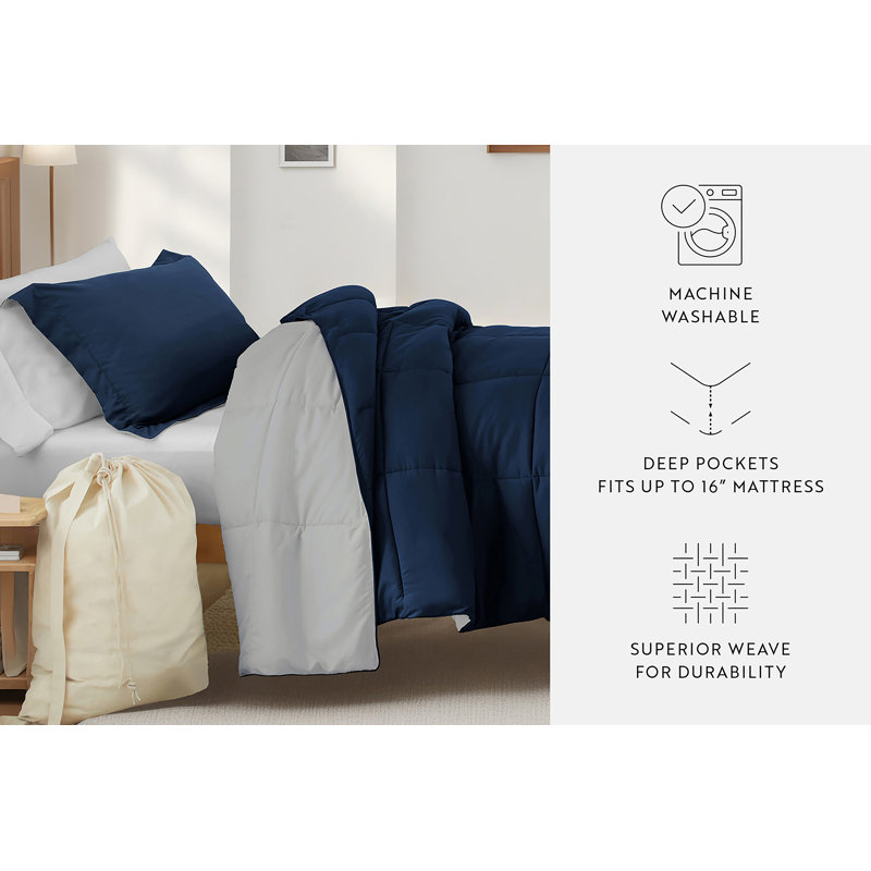 8-PC College Dorm Twin XL Bedding Bundle - Comforter Set, Sheet Set, Pillows and Laundry Bag, Navy / Light Gray
