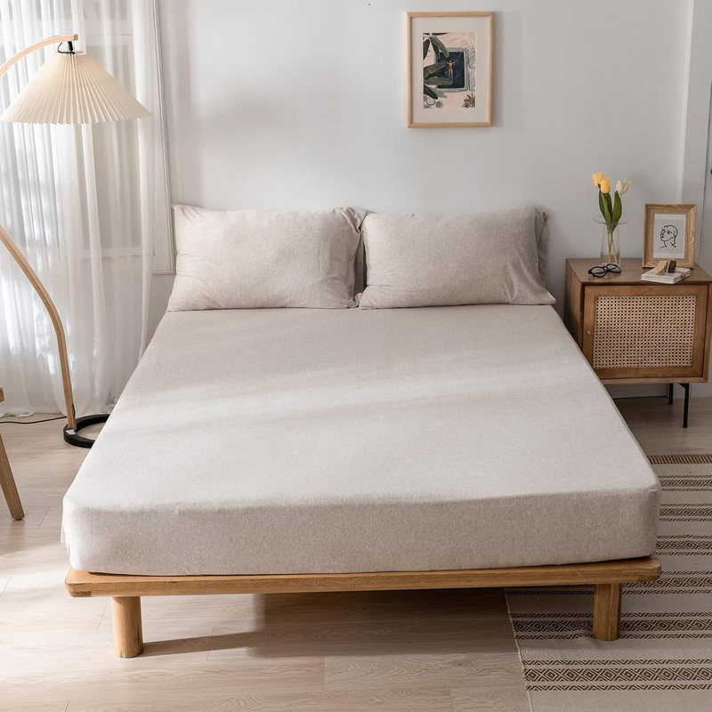 Drap-housse en coton tricoté 3 pièces DONEUS, Drap-housse très grand avec 2 taies d'oreiller, Beige