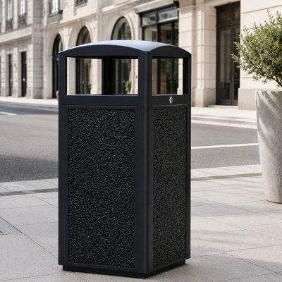 Titre: Poubelle extérieure commerciale, poubelle de 30 gallons avec couvercle verrouillable, doublure amovible en métal et panneaux de pierre