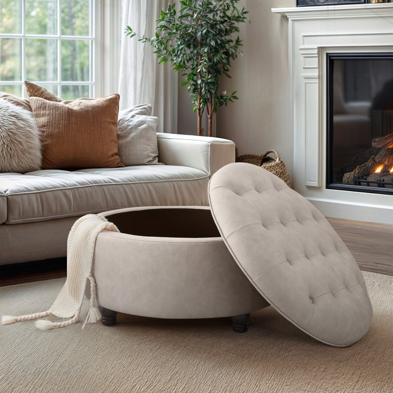 Dimitrika 30'W Faux Leather Tufted Round Storage Ottoman, Beige