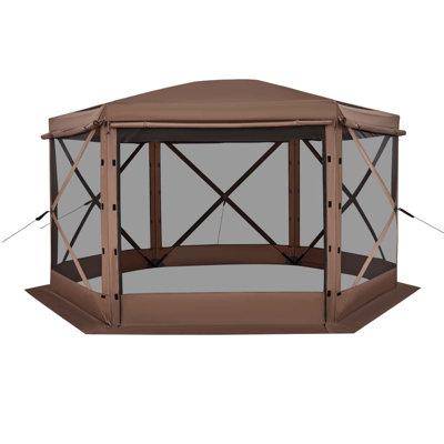 12 x 12 ft 6-Sided Pop Up Screen Gazebo, Large Camping Canopy Tent with Removable Top and Carry Bag, Quick Set Bite-Proof Screen House Sun Shelter for 8-10 Persons Backyard Patio in Brown