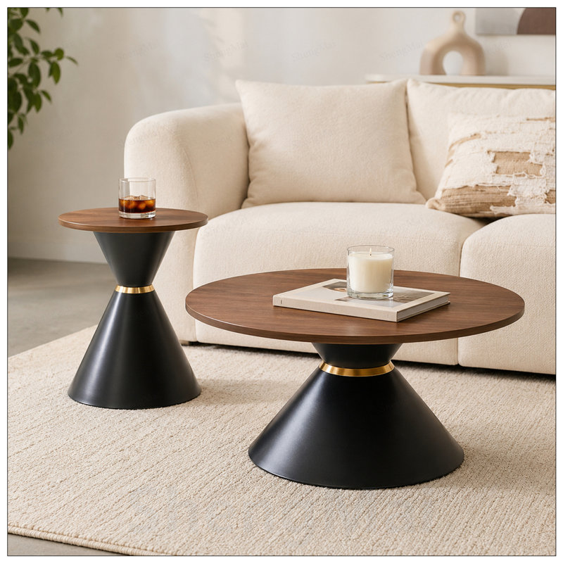 Ensemble de 2 tables basses rondes à la mode, comptoir texturé avec base en métal stable pour le salon et la chambre à coucher