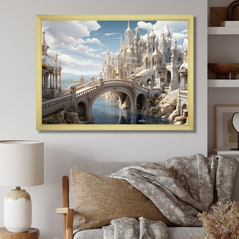 «Beige Bridge Ethereal Passage I», reproduction d'art mural, H 16 po x l 32 po x P 1 po, Encadrement doré
