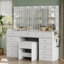 Coiffeuse de maquillage avec miroir et lumières, 3 modes d'éclairage, bureau de coiffeuse avec prise de courant, coiffeuse à 13 tiroirs, coiffeuse pliante